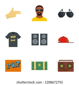 Street rap icon set. Flat set of 9 street rap vector icons for web design