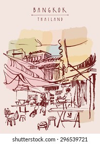 Street restaurant in China Town in Bangkok, Thailand. Food stalls, tables, stools. People buying Chinese food. Tables, chairs. Street, backyard. Retro style illustration. Vector postcard template