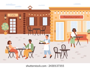 Street restaurant. The couple sitting at table, drinking coffee and talking. Waiter carries the food. Woman drinks wine in an outdoor cafe. Summer urban scene. Cityscape lunch. Vector illustration.