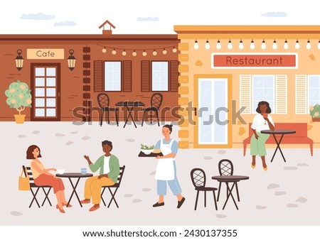 Street restaurant. The couple sitting at table, drinking coffee and talking. Waiter carries the food. Woman drinks wine in an outdoor cafe. Summer urban scene. Cityscape lunch. Vector illustration.