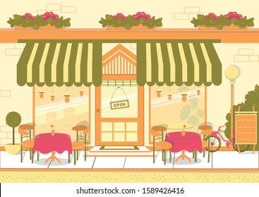 Street Restaurant or European Cuisine Cafe Building Facade with Tables and Chairs. Catering Restaurant Exterior or Cafeteria Summer Terrace with Classical Striped Canopy. Flat Vector Illustration.