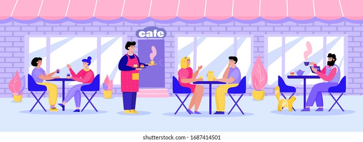 Street restaurant with people at tables, cartoon vector illustration isolated.