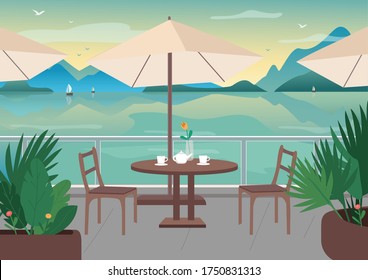 Street restaurant at seaside resort flat color vector illustration. Served cafe table on terrace. Seafront 2D cartoon landscape with sailing boats, mountains and ocean on background