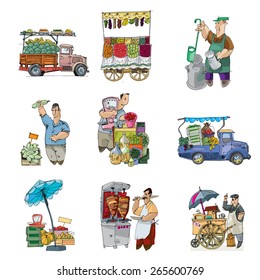 street retail and market set - cartoon