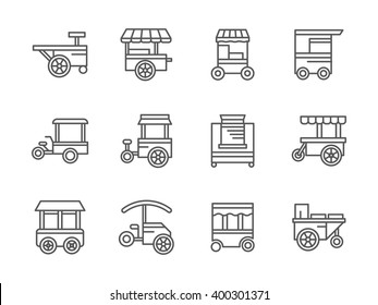 Street retail and wheel market. Trade cart. Food kiosk and trolley. Collection of black line style vector icons