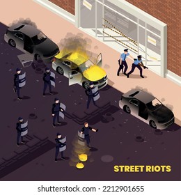 Street riots isometric background with burning cars and police officers in full tactical gear suppressing aggression of protesting mob vector illustration