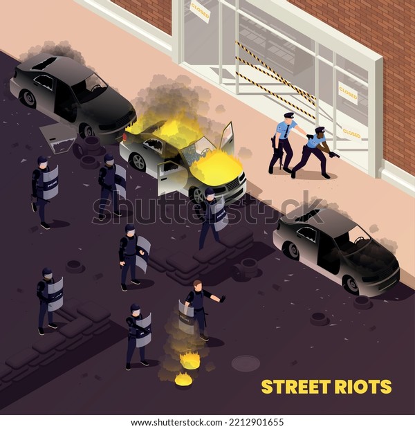 Street riots isometric background with\
burning cars and police officers in full tactical gear suppressing\
aggression of protesting mob vector\
illustration