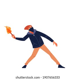 Street riots protests. An aggressive man of Radical youth throws a cocktail Molotov at the riot police. Flat style character vector illustration isolated.