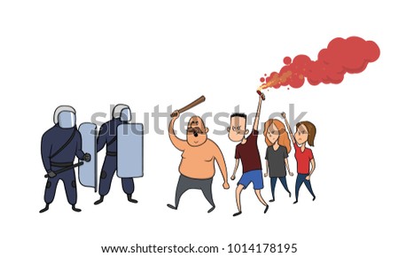 Street riots and protests. Protesting people are confronting the police. Vector illustration, isolated on white background.