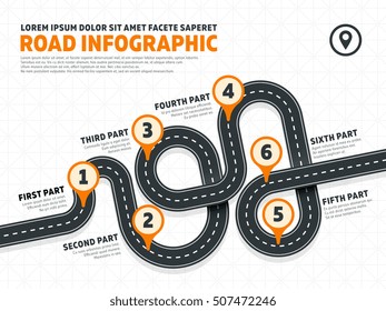 Rua, modelo de infografia vetorial de marketing de negócios de estrada com sinais de pin