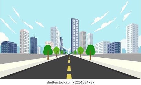 Street road to city.cityscape with sky background vector illustration.Building with road.Perspective Downtown street