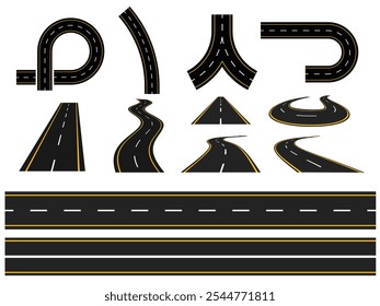 Coleção de ruas. Conjunto de estrada de rua. Coleção de caricaturas. Elementos para mapa Estrada da cidade e estrada vista superior, elementos para mapa Estradas e rodovias, partes isoladas de ruas e unidade.