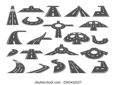 Street road. Curve car way. Highway creator parts. Bend high hill. Asphalt binding path. Journey on traffic roadway. City autobahn kit. Speedway junction. Vector cartoon current set
