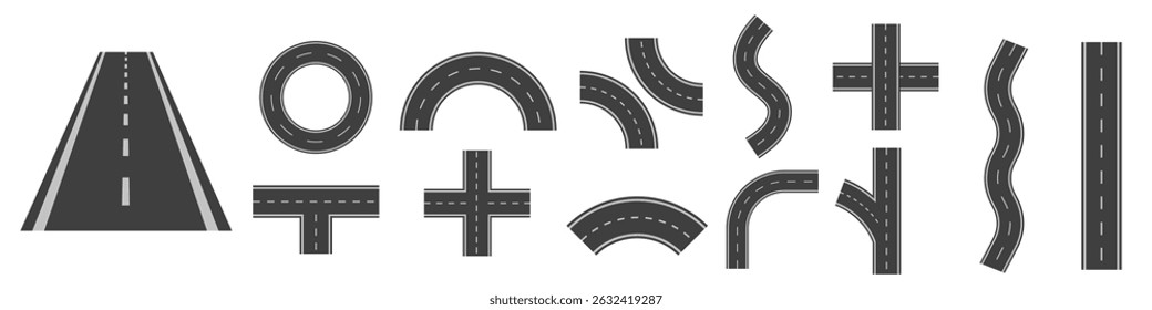 Street and road with footpaths and crossroads. Vector elements for city map. Highway asphalt path traffic streets