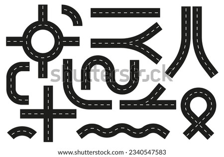Street and road with footpaths and crossroads. Vector elements for city map. Road asphalt road traffic of streets. Set of road elements isolated on white. Vector illustration