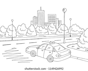 Street road graphic black white city landscape sketch illustration vector. Taxi car
