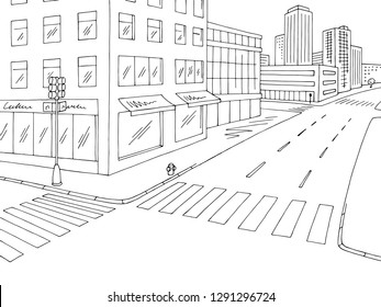 Street road graphic black white crossroad city landscape sketch illustration vector