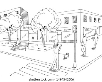 Street road graphic black white city landscape sketch illustration vector