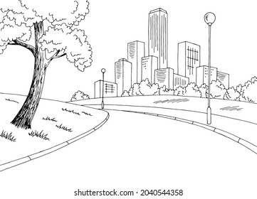 Street road-Grafik, schwarz-weiße Stadtlandschaft, Skizze Vektorgrafik 