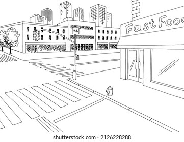 Street Road Graphic Black White Crossroad City Landscape Sketch Illustration Vector 