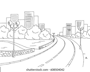 Street road graphic black white landscape sketch illustration vector