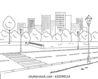 Street road graphic black white landscape sketch illustration vector