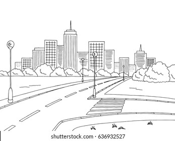 Street road graphic black white city landscape sketch illustration vector