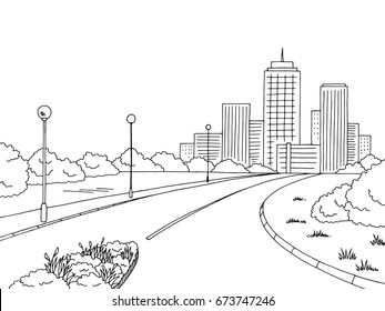 Street Road Graphic Black White City Landscape Sketch Illustration Vector