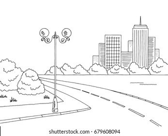 Street road graphic black white city landscape sketch illustration vector