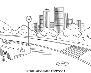 Street road graphic black white city landscape sketch illustration vector