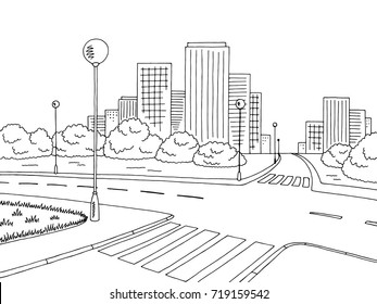 Street road graphic black white city landscape sketch illustration vector