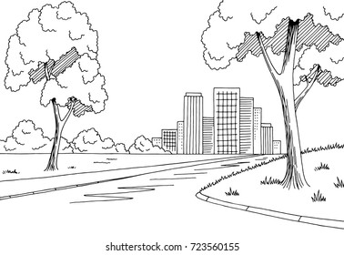 Street Road Graphic Black White City Landscape Sketch Illustration Vector