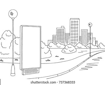 Street road graphic black white billboard city landscape sketch illustration vector