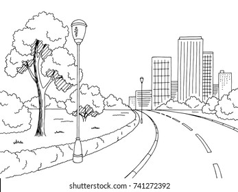 Street road graphic black white city landscape sketch illustration vector