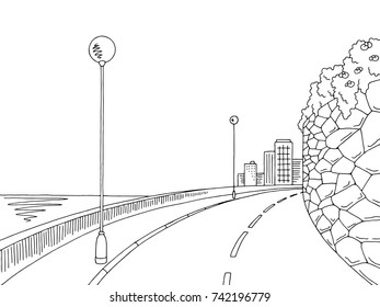 Street road graphic black white landscape sketch illustration vector