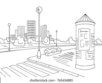 Street road graphic black white billboard city landscape sketch illustration vector