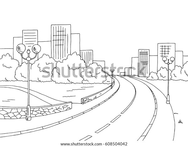 道路のグラフィックス 白黒の横向きスケッチイラストベクター画像 のベクター画像素材 ロイヤリティフリー