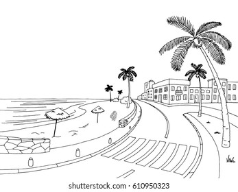 Street road palm tree graphic black white landscape sketch illustration vector