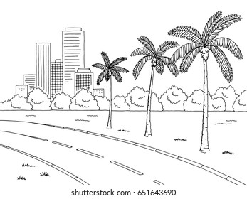 Street road palm tree graphic black white landscape sketch illustration vector