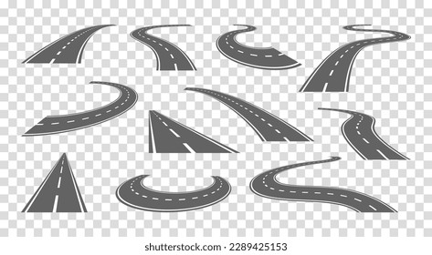 Street road path, highway in perspective. Winding pathway lane, straight way to horizon, asphalt speedway. City autobahn kit, creator parts. Crossroad constructor. Vector current design set