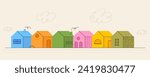Street with road from simple house icons in bright color. Neighborhood village. Contemporary trendy illustration with textures. Vector kit of kids pictures