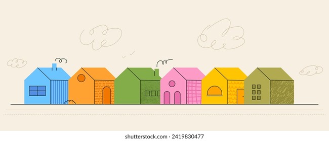 Calle con calle de simples íconos de la casa en color brillante. Aldea vecinal. Ilustración contemporánea de moda con texturas. Kit vectorial de imágenes para niños