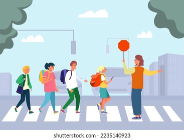 Street road with teacher, kid, vector illustration, boy girl kids character walk at traffic, safety sign in woman hands, school students outdoor.