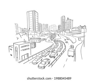 Street, road view. City sketch. Traffic jam. Highway, transport. Building architecture landscape panorama. Hand drawn black line.