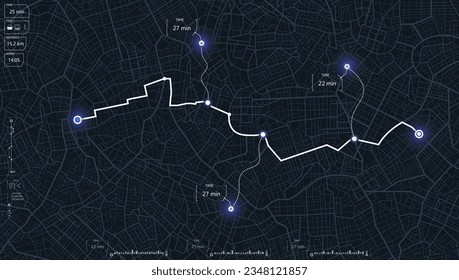 Calles y ubicación, pantalla del navegador GPS. Mapa turístico gráfico decorativo. Calles y ubicación, múltiples destinos. Resumen del fondo del transporte vectorial. Vector, ilustración.