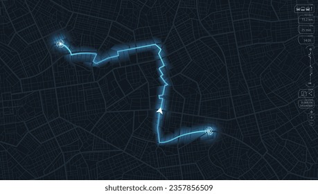 Calles y ubicación, pantalla del navegador GPS. Mapa turístico gráfico decorativo. Calles y ubicación. Resumen del fondo del transporte vectorial. Fragmentos de la ciudad. Vector, ilustración.