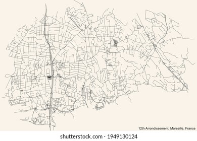 Street roads map of the 12th Arrondissement (Les Caillols, La Fourragère, Montolivet, Saint-Barnabé, Saint-Jean du Désert, Saint-Julien, Les Trois-Lucs) of Marseille, France