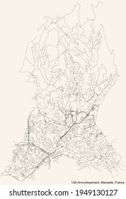 Street roads map of the 13th Arrondissement (Château Gombert, Croix-Rouge, Malpassé, Médecins, Mourets, Olives, Palama, Rose, Saint-Jérôme, Saint-Just, Saint-Mitre) of Marseille, France