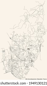 Street roads map of the 14th Arrondissement (Les Arnavaux, Bon Secours, Le Canet, Le Merlan, Saint-Barthélemy, Sainte-Marthe, Saint-Joseph) of Marseille, France