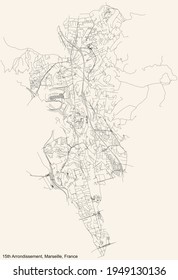 Street roads map of the 15th Arrondissement (Aygalades, Borels, Cabucelle, Calade, Crottes, Delorme, Notre-Dame Limite, Saint-Antoine, Saint-Louis, Verduron, Viste) of Marseille, France
